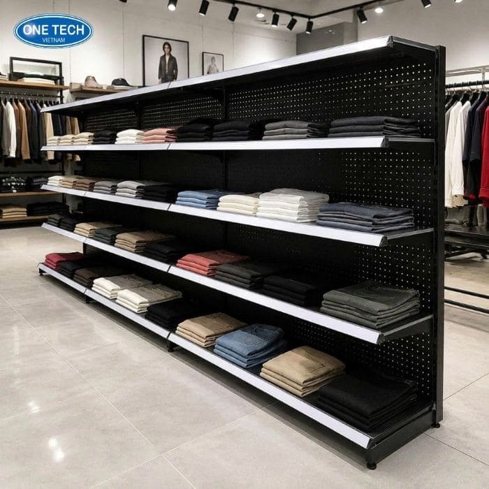 Kệ siêu thị lưng tôn đục lỗ màu đen